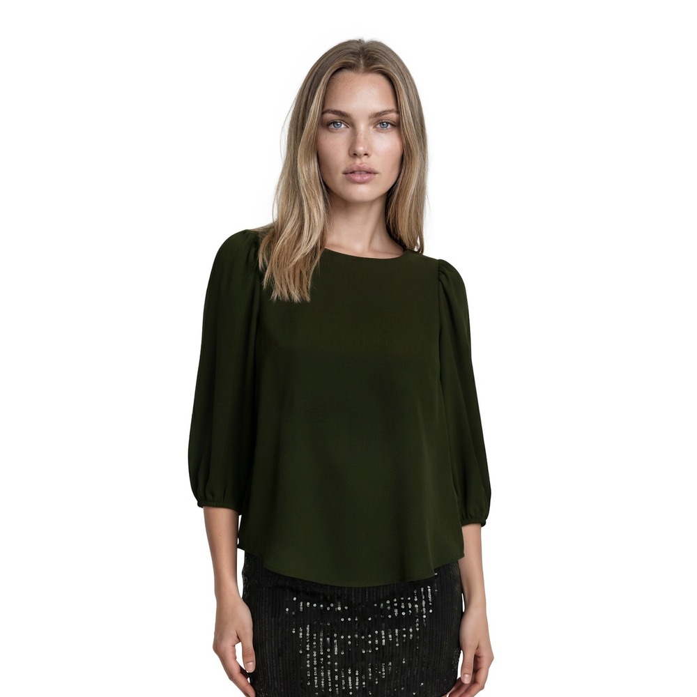 Alex Marie Blouse Women's Size Medium Olive Green Puff Sleeve Boat Neck Top